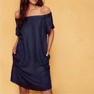 Cuyana Linen Off The Shoulder Navy Dress